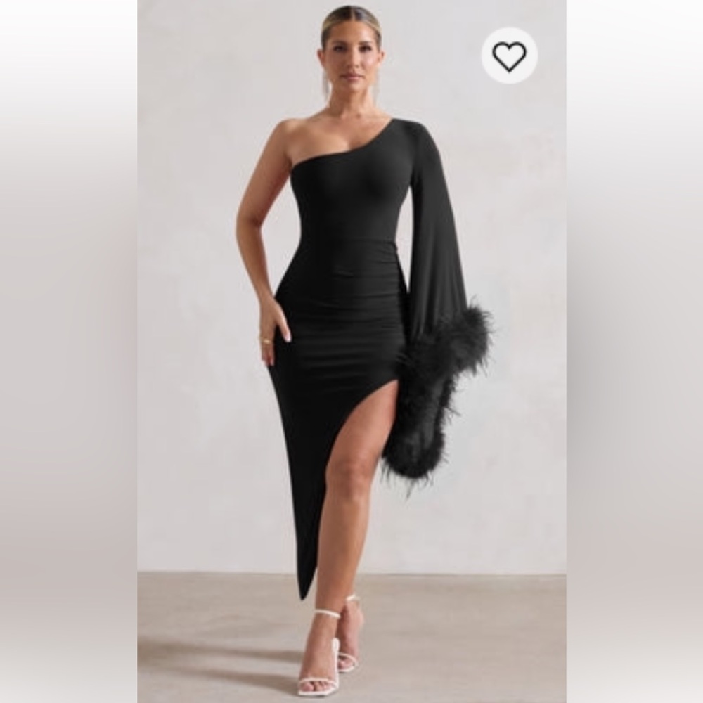 Club L London July BLACK ASYMMETRIC ONE SHOULDER CAPE MIDI DRESS WITH FEATHERS